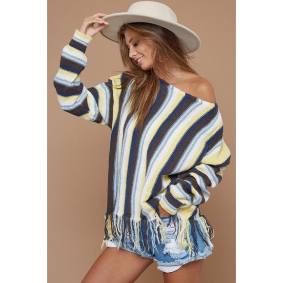 NEW! BiBi VARIEGATED MULTI COLOR STRIPE SWEATER TOP WITH FRINGE HEM! - Picture 1 of 10